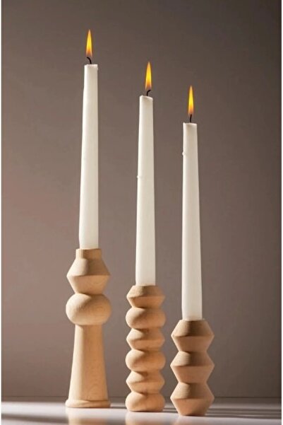 U Atölye 3’lü El Yapımı Kayın Ağacı Ahşap Mumluk Seti