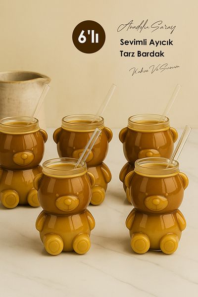 Anadolu Saray 6 Pcs Heat Resistant Scandinavian Cute Teddy Bear Style Cups |   Coffee and Presentation Cup