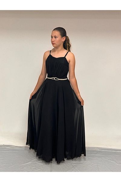 BUTİKHAPPYKİDS Girl's Evening Dress with Straps Black Chiffon Drape and Stone Detailed Evening Dress 10-15 Years