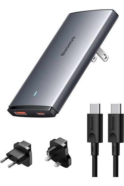 Baseus 65W Ultra-Slim Fast Charger, Dual Port Travel Adapter, UK + EU + US Wall Charger Plug With 10