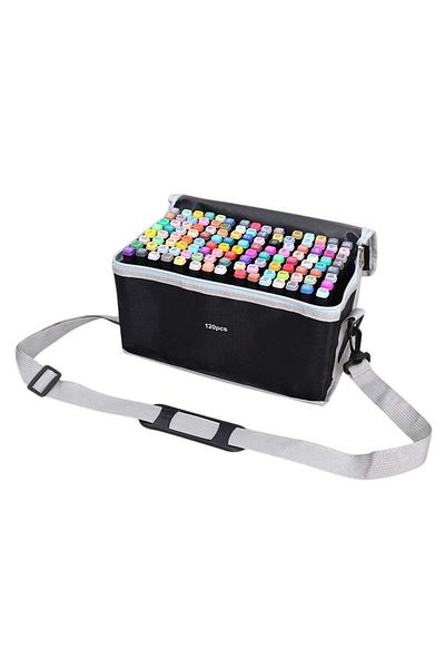 huitich 120pcs Dual Tip Markers Set, Assorted Colors Stylish Black Body with Black Cloth Bag