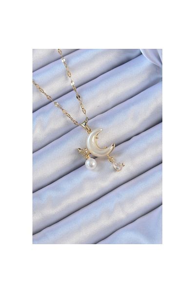 Skygo 316L Steel Chain Gold Color Zircon Stone Butterfly Enamel Moon Necklace - Tj-Bko9093
