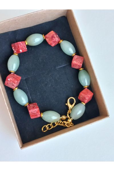 LemaStone Natural Stone Necklace, Bracelet Set (Coral, Mother of Pearl, Hematite and Green Aventurine)