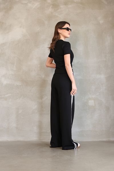 vesantia Summer Black Women's Tracksuit Set – Straight Leg, Double Stripe, Relax Fit