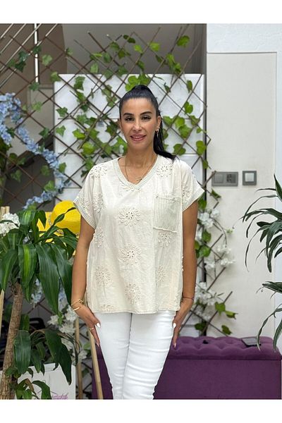 Punta Otantik Nc25043 Italian Embroidered Pocket Cotton Blouse Cream