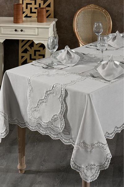 Çeyiz Diyarı Linen Dinnerware Set with French Lace - 26 Pieces Grey