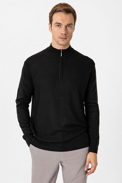 SÜVARİ Cavalry Comfortable Fit Zippered Dobby Patterned Beige Knitwear