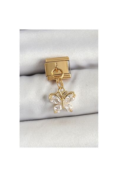 Skygo 316L Steel Dangle Zircon Stone Butterfly Model Gold Color Nomination Charm - Tj-Bc1434