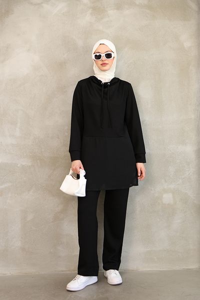 vesantia Women's Black Chiffon Detailed Summer Tracksuit Set – Breathable Fabric with Tunic