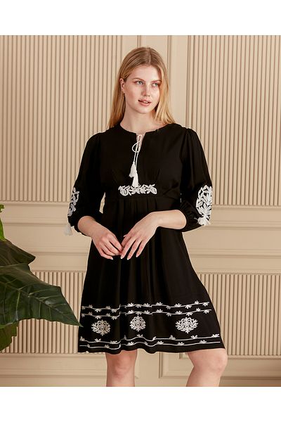 EL jadida Women's Embroidered Plus Size Viscose Dress Black