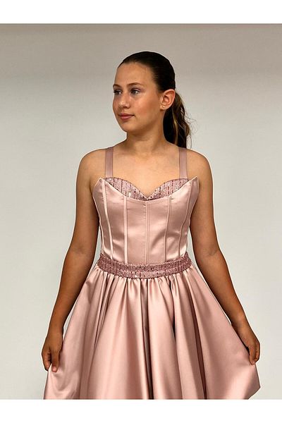 BUTİKHAPPYKİDS Girl's Strap Mini Powder Pleated Sequin Detailed Short Balloon Skirt Evening Dress 10-15 Years