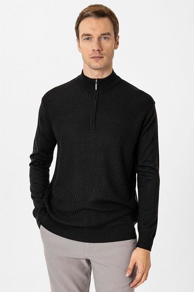 SÜVARİ Cavalry Comfortable Fit Zippered Dobby Patterned Beige Knitwear