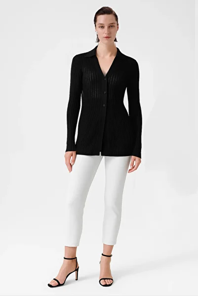 Triko Mısırlı Black Transparent Detailed Ribbed Women's Cardigan