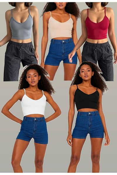 The Base Women's Advantageous 5-Piece Scuba Fabric Front Back V-Neck Crop Top with Rope Strap