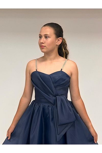 BUTİKHAPPYKİDS Girl's Evening Dress Navy Blue Stone Cord Strap Heart Collar Tail Side Self Belt Detail Chiffon