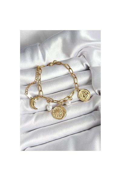 Skygo 316L Steel Sun Moon and Coin Figured Pearl Detailed Dangle Gold Color Women's Bracelet - Tj-Bb7032