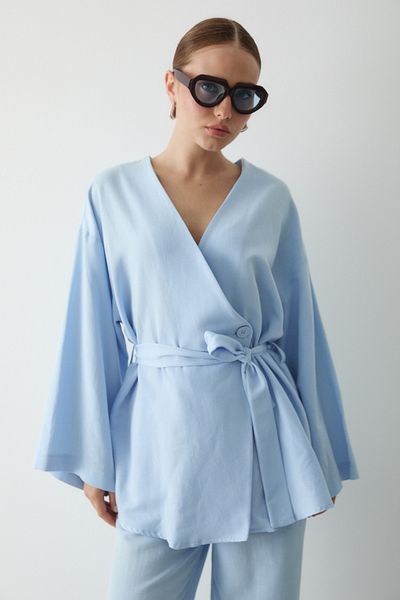 Laluvia Blaues Baumwoll-Kimono-Hosen-Set mit weitem Bein
