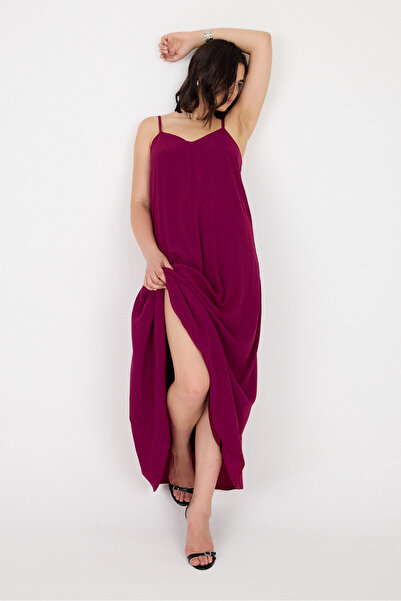 MOLLYMORE Mürdüm Aerobin Kumaş Ayarlanabilir Askılı Uzun Mor Elbise