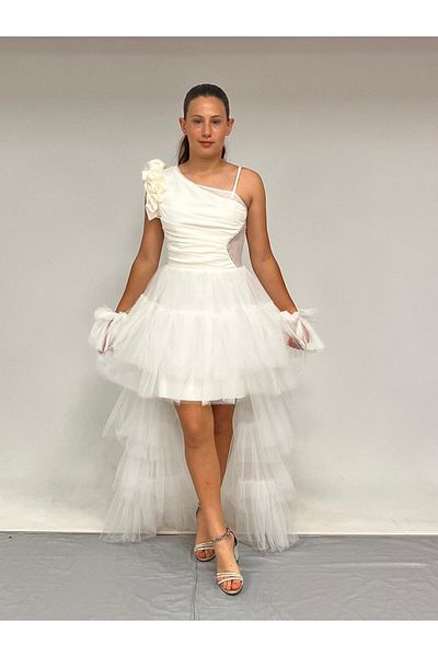 BUTİKHAPPYKİDS Βραδινό φόρεμα για κορίτσια Κρέμα μπροστινή κοντή ουρά με έναν ώμο Φόρεμα με λεπτομέρεια από πέτρα με γάντια 10-