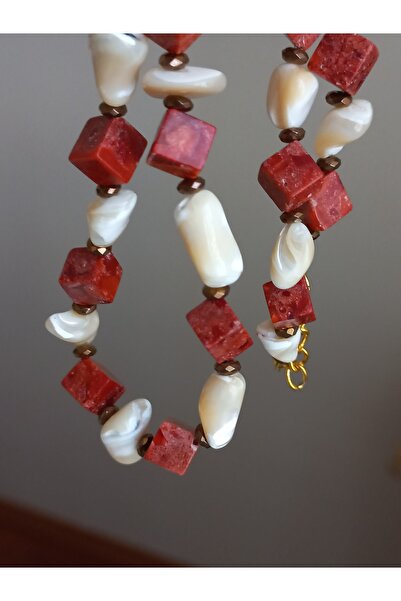 LemaStone Natural Stone Necklace, Bracelet Set (Coral, Mother of Pearl, Hematite and Green Aventurine)