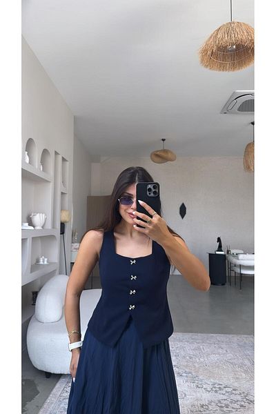 Buket Teke Navy Blue Bow Button Fabric Vest