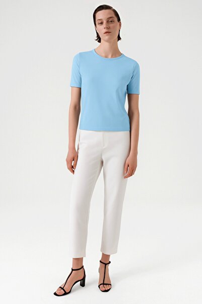 Triko Mısırlı Bebe Mavi Bisiklet Yaka Kısa Kollu Kadın Tişört