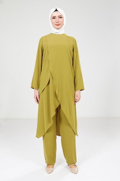 Beyza Oil Green Tunic Trousers Set 9372