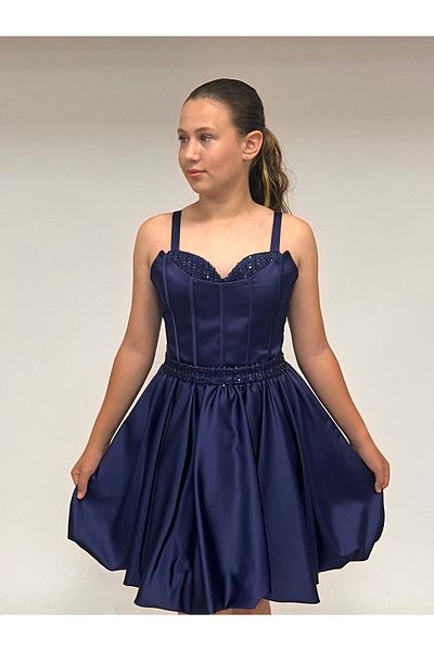 BUTİKHAPPYKİDS Girl's Strap Mini Navy Blue Pleated Sequin Detailed Short Balloon Skirt Evening Dress 10-15 Years