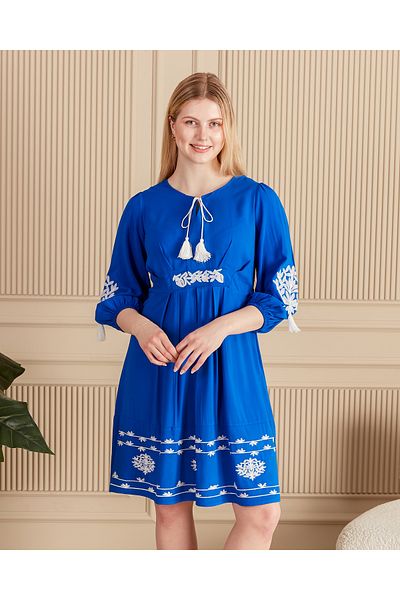 EL jadida Women's Embroidered Plus Size Viscose Dress Saks Blue