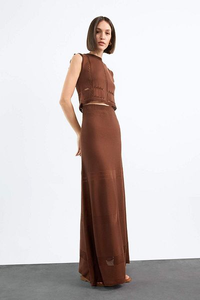 DeFacto 2-Piece Crochet Knitwear Set Crew Neck Sleeveless Blouse Stretchy Waisted Maxi Skirt F7466Ax25Hs