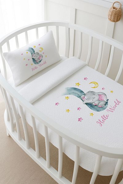 Tuğba Kuğu Pike Set - for Baby - Sleeping Elephant Pink - 60 X 100 cm