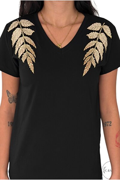 Cassime Women's Black Shoulder Gold Leaf Sequins Sequins Embroidered 100% Cot...