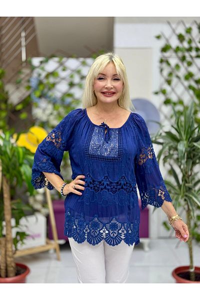 Punta Otantik Nc20428 Italian Classic Silk Blouse Navy Blue