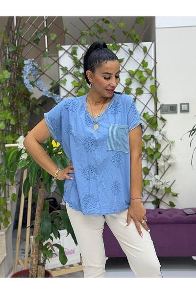 Punta Otantik Nc25043 Italian Embroidered Pocket Cotton Blouse Blue