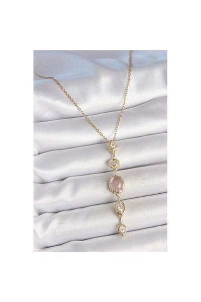 Skygo 316L Steel Chain Gold Color Pink Zircon Stone Y Necklace - Tj-Bko10226