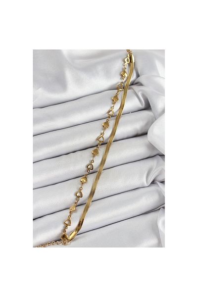 Skygo 316L Steel Gold Color Heart Chain and Italian Chain 2-Piece Women's Bracelet - Tj-Bb7084