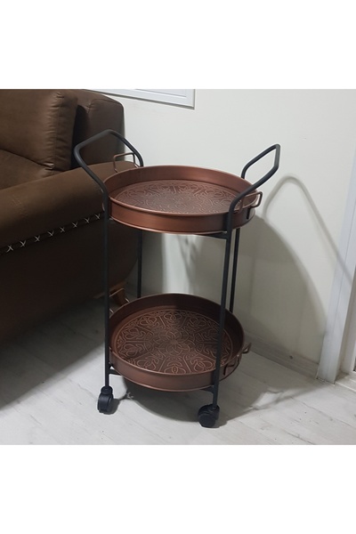 KOCHER Servis Arabası Antik yuvarlak Bakır Tepsili 45 cm