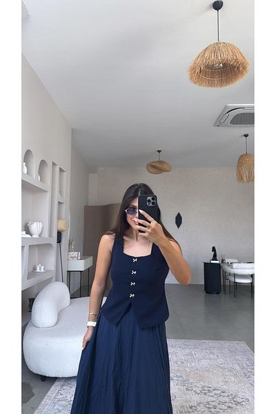 Buket Teke Navy Blue Bow Button Fabric Vest