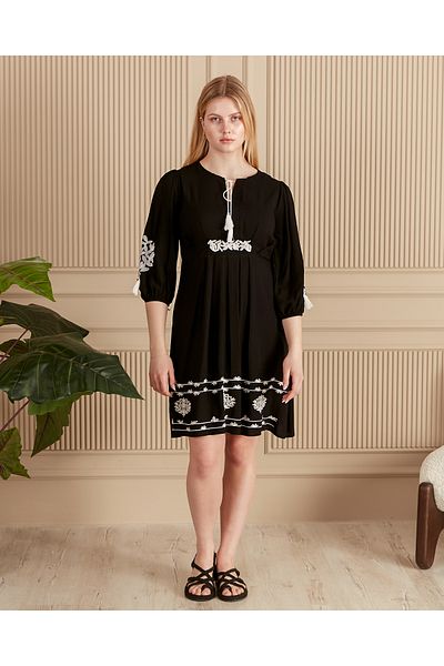 EL jadida Women's Embroidered Plus Size Viscose Dress Black