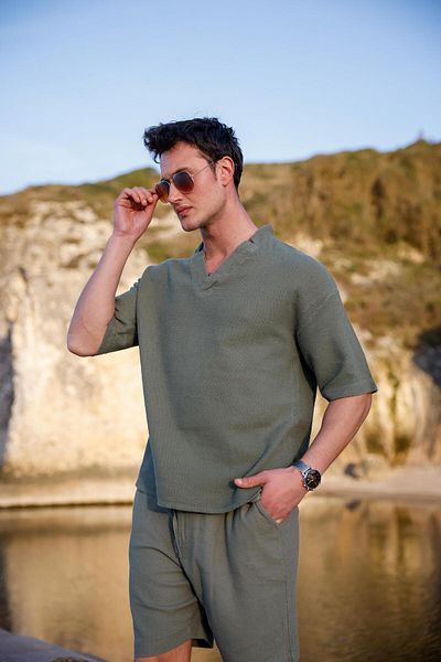 Pobudo Dark Khaki Color V-Neck Shirt Shorts Men's Washed Linen Suit