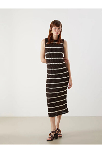 LC Waikiki Brown Crew Neck Striped Knitwear Dress