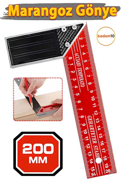 Badem10 200 mm 20 cm Alüminyum Marangoz Gönye Metal Gövde Açılı Ölçüm Cetveli Ahşap İnşaat Hassas Gönye