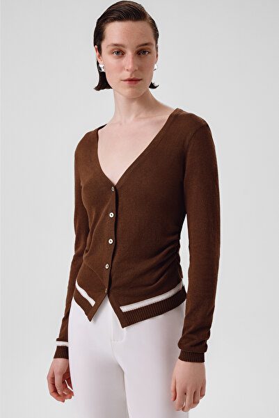 Triko Mısırlı Kahverengi Beli Büzgülü Kadın Hırka