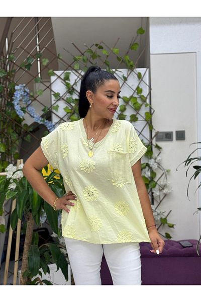 Punta Otantik Nc25043 Italian Embroidered Pocket Cotton Blouse Yellow