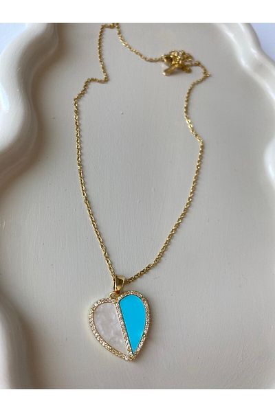 marsel aksesuar Heart Model White Blue Steel Gold Necklace