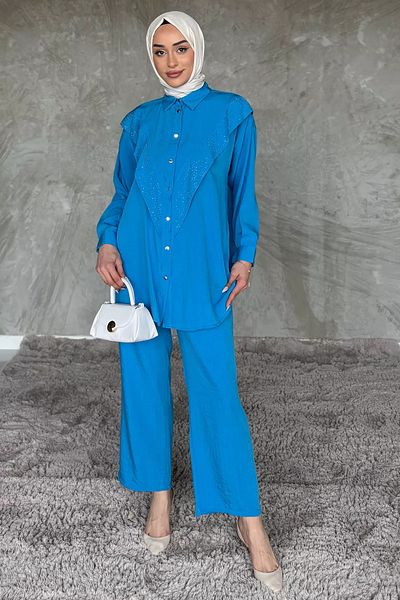 julude Set de două piese cu pantaloni hijab cu piatră pliată în față albastră