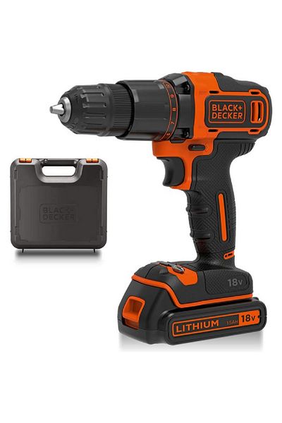 Black&Decker 18V Cordless 2-Gear Combi Hammer Drill with Kitbox and Battery Black and Orange