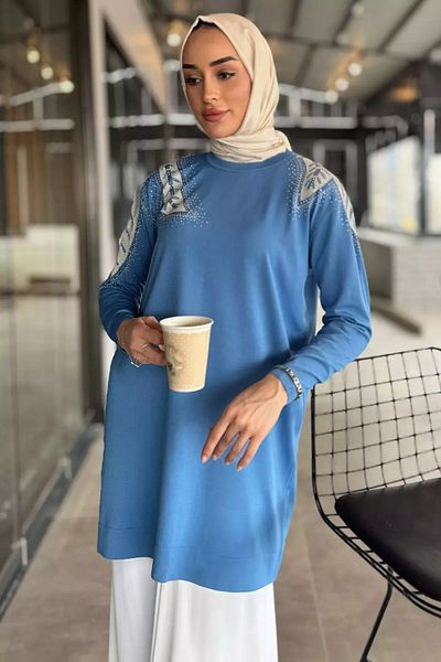 julude Tunica de tricotaj Hijab cu decolteu brodat cu piatră albastră