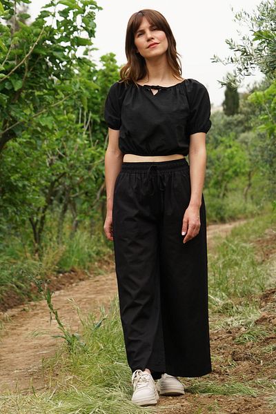 Defne&Apollon İpekçilik Wide Leg 100% Cotton Elastic Pocket Trousers - Black