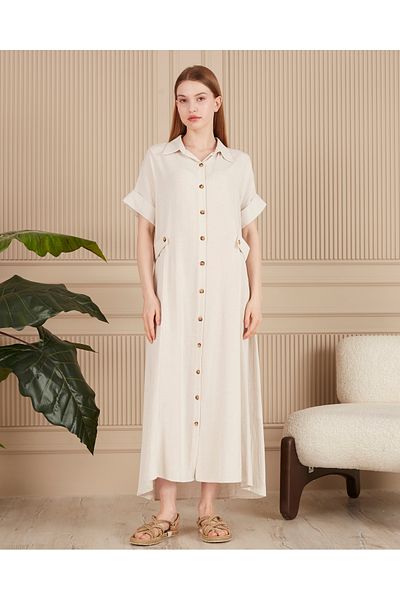 EL jadida Women's Buttoned Plus Size Linen Dress Beige